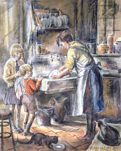 Helping with the Washing Up, 1975 (wc og fargestift) av Anthea Durose