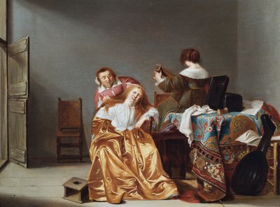 Et interiør med en dame på toalettet sitt (olje på panel) av Anthonie (1601-73) Palamedesz