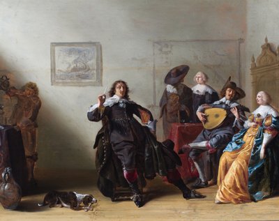 Et interiør med fem elegante figurer rundt et bord, hvorav én spiller lutt av Anthonie (1601-73) Palamedesz