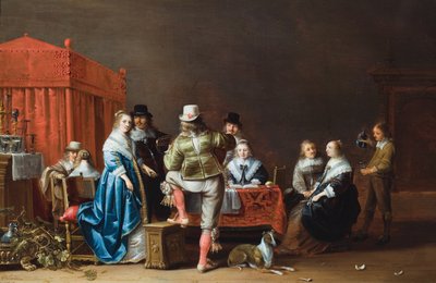 Et interiør med ni figurer rundt et bord (olje på panel) av Anthonie (1601-73) Palamedesz