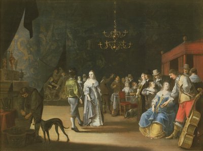 Banketten, et par som danser med fest og nytelse i bakgrunnen av Anthonie Palamedesz