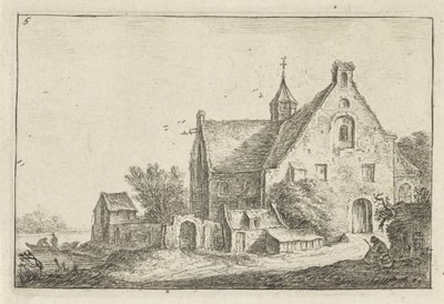 Landsbykirke på vannet Landskap med bygninger (serietittel) av Anthonie Waterloo