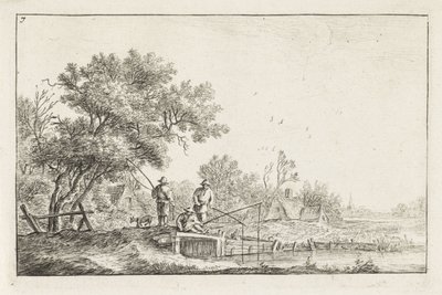 Three Fishermen on a Bridge Landscapes with Buildings (serietittel) av Anthonie Waterloo