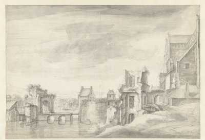 Utsikt over ruiner på en elvebredd (St. Walburgkerk i Arnhem?) av Anthonie Waterloo