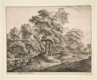 Bondekvinnen og jenta på den lille trebroen av Anthonie Waterloo