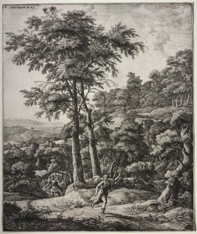 Seks store oppreiste landskap med scener fra Ovids Metamorfoser: Apollo og Daphne av Anthonie Waterloo