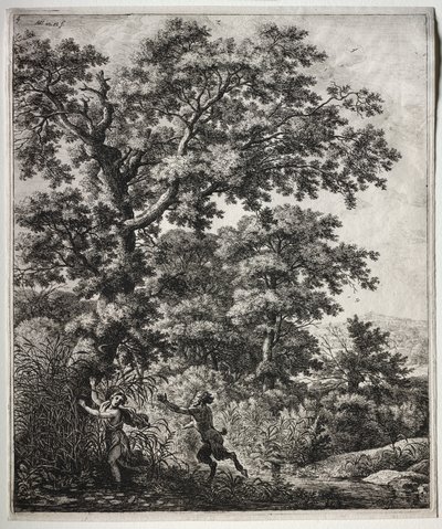 Seks store oppreiste landskap med scener fra Ovids Metamorphoses: Pan and Syrinx av Anthonie Waterloo