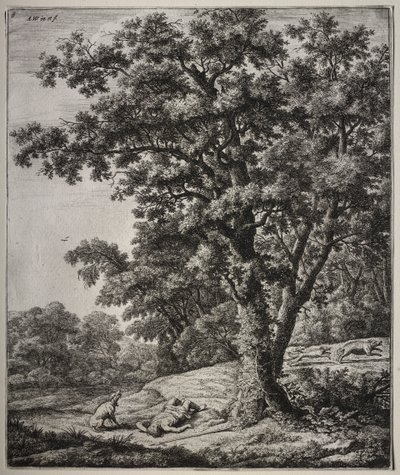 Seks store oppreiste landskap med scener fra Ovids Metamorphoses: The Death of Adonis av Anthonie Waterloo