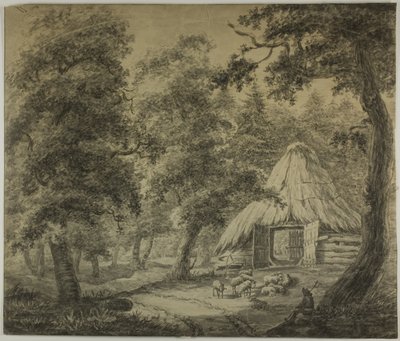 Stråtakhytte i skogen med gjeter og sau av Anthonie Waterloo