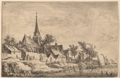 Village Steeple ved sjøen av Anthonie Waterloo