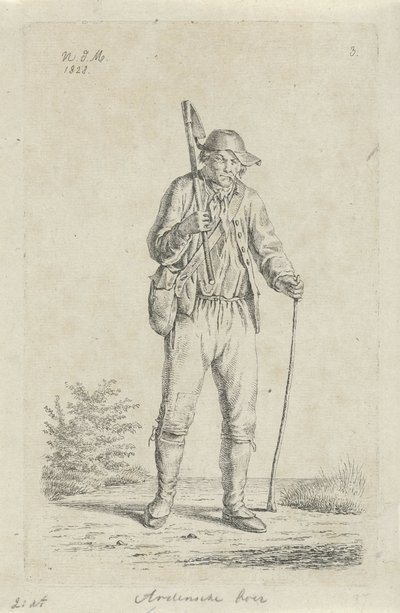 Bonde fra Ardennene med hakke Ardennesbonde (tittel på objekt) Bønder og kvinnelige bønder fra Storbritannia av Nederland (serietittel) av Anthonie Willem Hendrik Nolthenius de Man