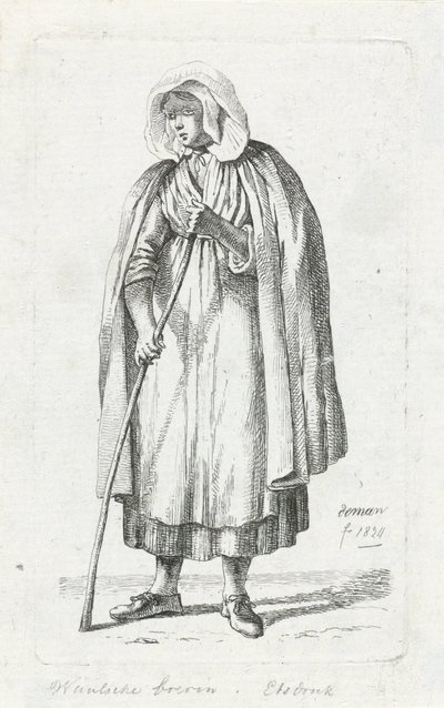 Kvinne med kappe og stokk Vallonsk bondekone (tittel på objekt) av Anthonie Willem Hendrik Nolthenius de Man