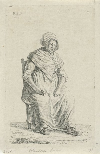 Sittende bondekone fra Vallonia Vallonsk bondekone (tittel på objekt) Bønder og kvinnelige bønder fra Storbritannia av Nederland (serietittel) av Anthonie Willem Hendrik Nolthenius de Man