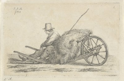 Mann som sitter ved en trillebår med høy av Anthonie Willem Hendrik Nolthenius de Man