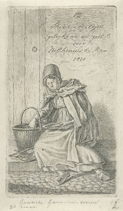 Sittende kvinne med kurv og tallerken Gentsche rekekvinne (tittel på objekt) 12 studiefigurer (serietittel) av Anthonie Willem Hendrik Nolthenius de Man