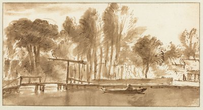 Skogkledd elvelandskap med vindebro av Anthonie van Borssom (attributed to)