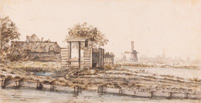 En gård ved et vann nær en landsby av Anthonie van Borssom