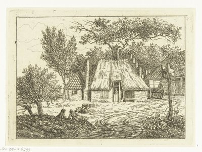 Vogn stående ved siden av gård med trappegavl Gård på Amstelveense Weg av Anthonie van den Bos