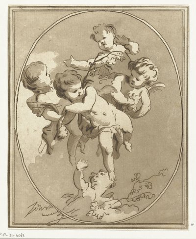 Fem putti med blomsterspray av Anthonie van den Bos