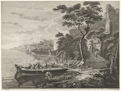 Figurer ved en lekter i et fjellandskap av Anthonij van der Haer