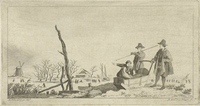 Figurer ved en slede i et vinterlandskap av Anthonij van der Haer