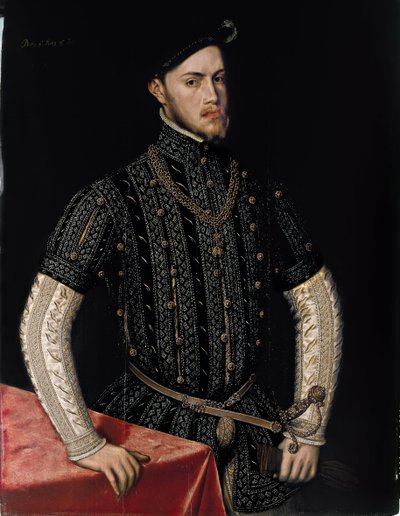 Portrett av Filip II (1527-1598), konge av Spania og Portugal - Maleri av Antonis (Anthonis) Mor (ca. 1517-1577), olje på tre (107,5x83,3 cm), ca. 1550 - Portrett av Filip II, konge av Spania og Portugal, Olje på tre av Antonis Mor, ca 1550 - Pr av Anthonis van Dashorst Mor