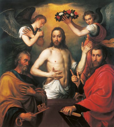 Den oppstandne Kristus med de hellige Peter og Paulus av Anthonis van Dashorst Mor