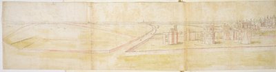 Hampton Court Palace fra nord, ca. 1544 (penn, blekk og wc på papir) av Anthonis van den Wyngaerde