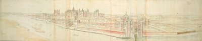 Hampton Court Palace fra elven, ca. 1544 (penn, blekk og wc på papir) av Anthonis van den Wyngaerde