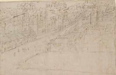 Panorama av London sett fra Southwark: Borough High Street med St Mary Overy, 1554 av Anthonis van den Wyngaerde