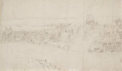Panorama av London sett fra Southwark: Durham House til Barnards Castle (penn og blekk over svart kritt på papir) av Anthonis van den Wyngaerde