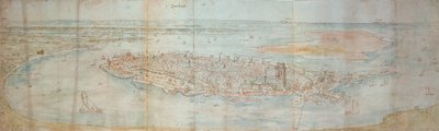 Panoramautsikt over Dordrecht, sett fra et forhøyet punkt mot vest av Anthonis van den Wyngaerde