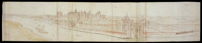 Utsikt over Hampton Court Palace fra sør, med elven i forgrunnen, 1558 (penn og brunt blekk og akvareller over svart kritt) av Anthonis van den Wyngaerde