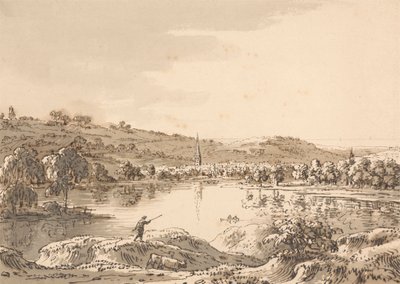 Landsby sett fra over en innsjø av Anthony Devis