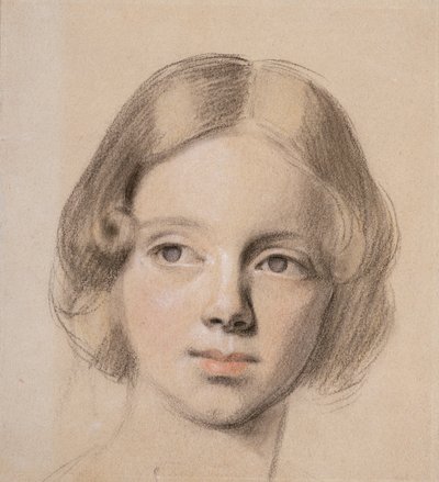Head of Emma Sandys (farget kritt på buff-papir) av Anthony Frederick Augustus Sandys
