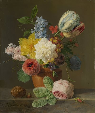 Stilleben med blomster og nøtter. Rundt 1830 av Anthony Oberman