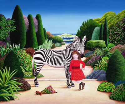 Girl with Zebra, 1984 (akryl om bord) av Anthony Southcombe