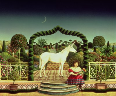Girl with a Unicorn, 1980 (akryl om bord) av Anthony Southcombe