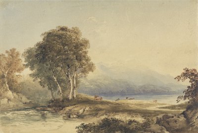 Fjelllandskap med innsjø og bekk (wc over grafitt på vevd papir) av Anthony Vandyke Copley Fielding