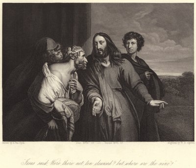 "Jesus sa: ble det ikke ti renset, men hvor er de ni?" (gravering) av Anthony van (after) Dyck