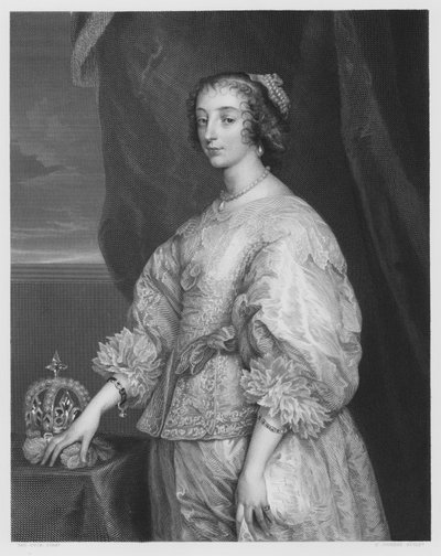 Dronning Henrietta Maria, fra bildet i Royal Collection (gravering) av Anthony van (after) Dyck