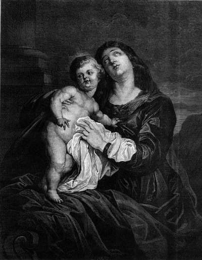 Jomfruen og Jesusbarnet. Gravering etter et maleri av Anton (Antoon eller Anthony) van Dyck (1599-1641). Gravering i "" Le Monde Illustré"" nr. 1239 av 25. desember 1880. av Anthony van (after) Dyck