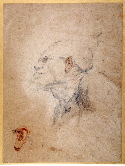 En manns hode bandasjert, venstre øre øvd separat (svart og rødt kritt på papir) av Anthony van Dyck