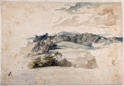 Et engelsk landskap med enger og skogkledde åser (blyant og akvarell på papir) av Anthony van Dyck