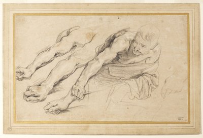 Figur av en mann som bøyer seg fremover med høyre arm utstrakt; tre studier av høyre arm, og en av venstre hånd for samme figur (kritt på papir) av Anthony van Dyck