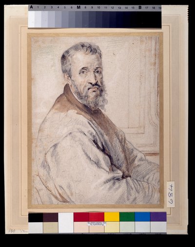 Michelangelo, antas å være etter Bugiardini eller Federico Zuccaro (rødt og svart kritt over penn og blekk med vask på papir) av Anthony van Dyck
