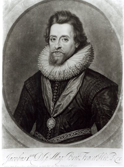 Portrett av James I (1566-1625) etter en miniatyr av Nicholas Hilliard (1547-1619) fra 1617, gravert av George Vertue (1684-1756) av Anthony van Dyck