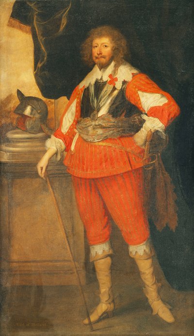 Portrett av en adelsmann, sies å være Henry Rich, 1. jarl av Holland, i full lengde, iført brystplate, skjær og sverd, hånden hans hviler på en pinne, en hjelm på en sokkel, står foran en drapert søylegang, av Anthony van Dyck