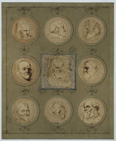 Samleblad med ni hodestudier i medaljonger av Anthony van Dyck