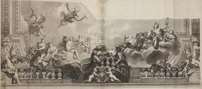 Design av senterpanelet i taket av Grand Gallery of the Palais Royal, gravert av Nicolas Henri Tardieu (1674-1749) av Antoine (after) Coypel